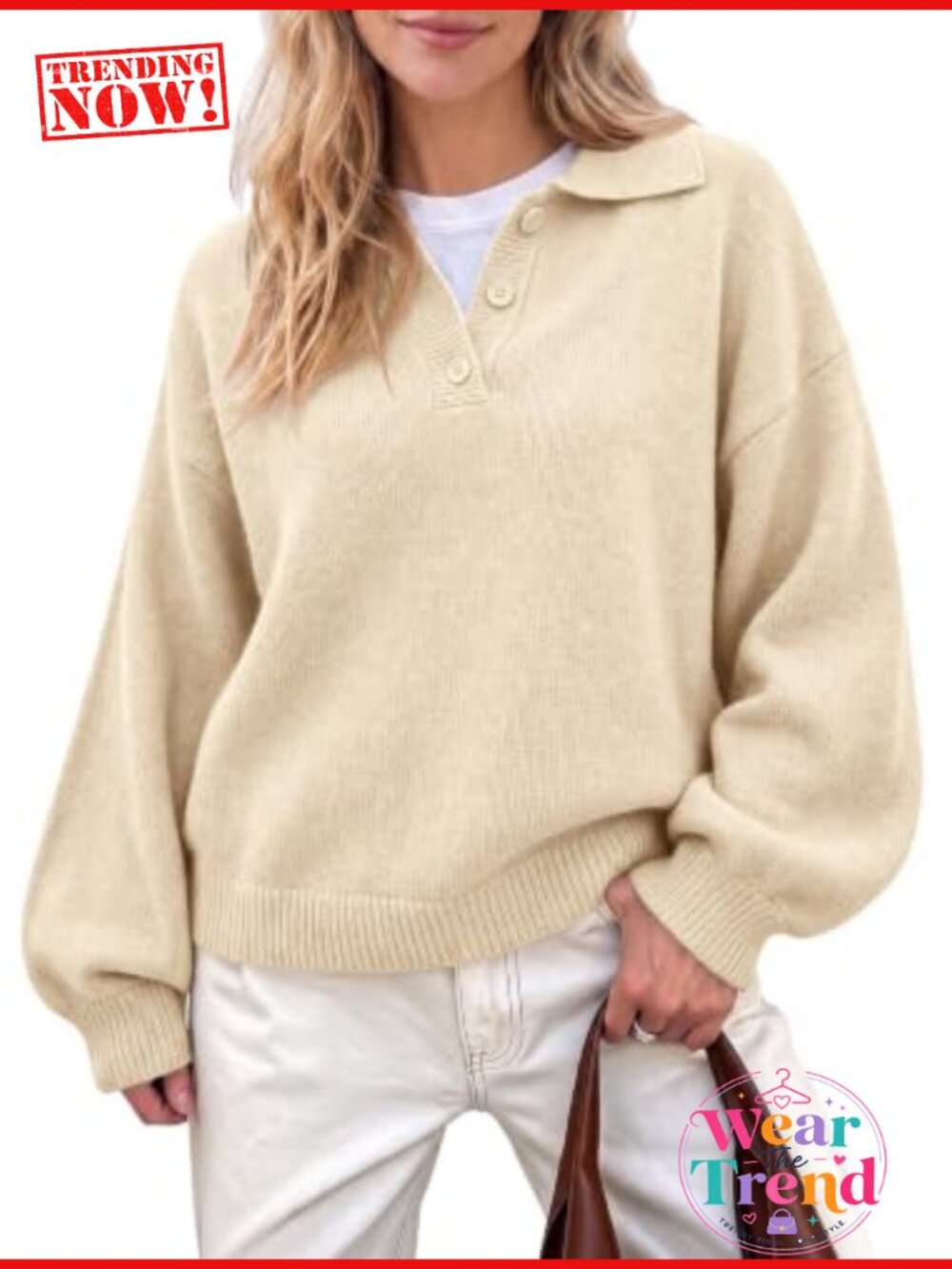 Polo V Neck Sweater Lantern Sleeve Knit Pullover Loose Fit Casual Work Top